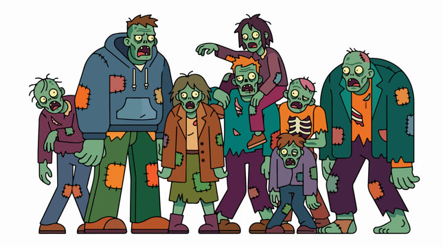 Colorful cartoon zombie group illustration