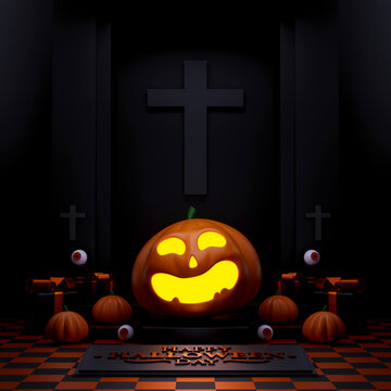Glowing Halloween Pumpkin in Dark Cemetery Scene with Coffin and Cross 3D Render