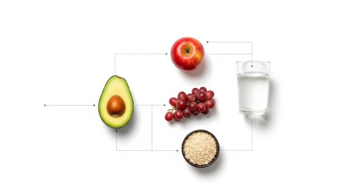 Essential healthy foods connected by lines, including avocado, apple, grapes, oatmeal, and a glass of water.