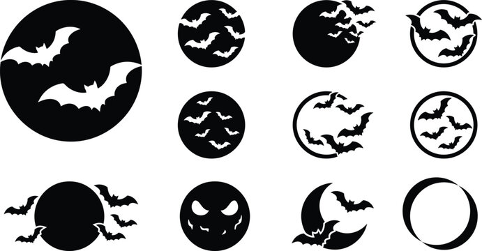 Set of black and white halloween moon icons featuring flying bats for spooky holiday design projects