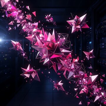Abstract geometric pink crystal shards exploding through dark server room background representing data fragmentation or digital transformation with glowing particles and sharp facets.