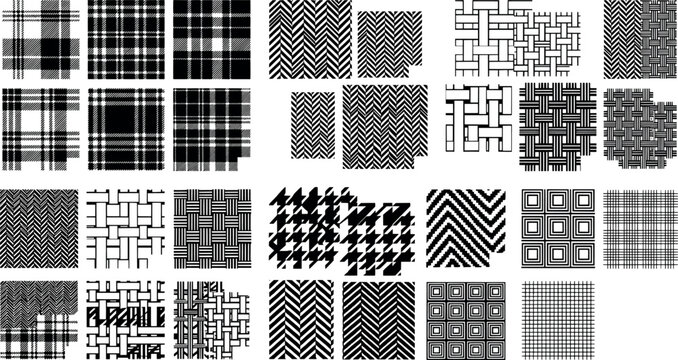 Set of various seamless patterns, textile textures, and geometric fabric designs in black and white vector illustration
