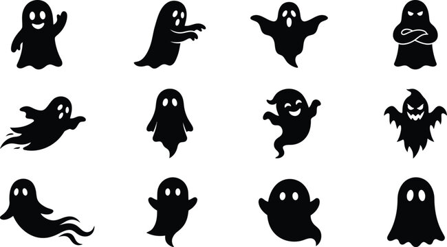 Set of cute black ghost silhouettes for halloween party decorations and spooky festive graphic design projects