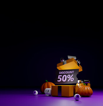 Halloween sale concept with 50% discount sign, gift boxes, pumpkins, and eyeball decorations on a dark purple background. Product display stand