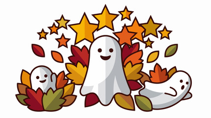 Naklejka premium Cute Ghosts with Autumn Leaves and Stars