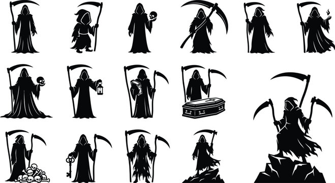 Collection of grim reaper silhouettes for spooky halloween graphic design projects and dark fantasy art themes