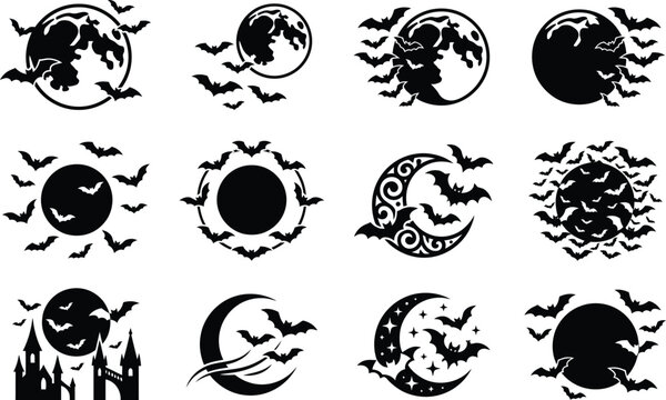 Set of black and white halloween moon and bat icons for spooky holiday graphic design projects
