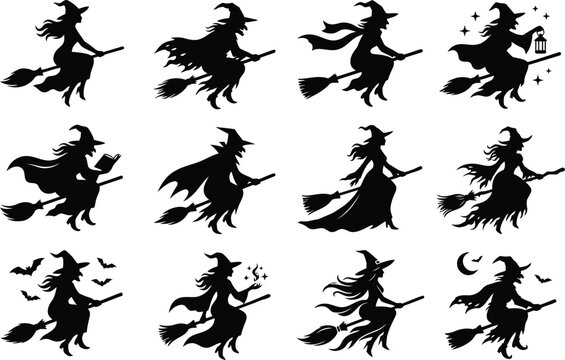 Set of black silhouettes of flying witches on broomsticks for halloween holiday design and graphic projects