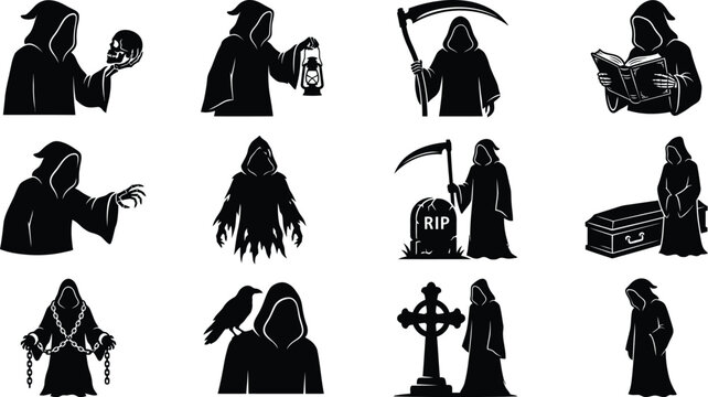 Collection of black silhouette icons featuring grim reapers and spooky characters for a dark halloween theme