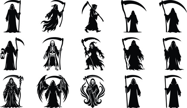 Collection of grim reaper silhouettes holding scythes for scary halloween graphic design and horror themed projects