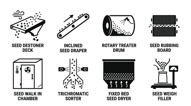 Collection of black and white icons depicting industrial seed treatment and sorting machines with destoner inclined trichromatic agriculture machinery equipment processing production automatic