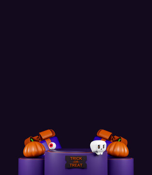 Halloween sale concept with 50% discount sign, gift boxes, pumpkins, and eyeball decorations on a dark purple background. Product display stand