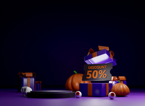 Halloween sale concept with 50% discount sign, gift boxes, pumpkins, and eyeball decorations on a dark purple background. Product display stand