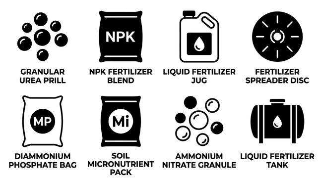 Collection of fertilizer and nutrient icons featuring bags granules liquid containers in glyph style fertilizer nutrient agriculture granular spreader diammonium phosphate micronutrient