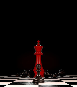 Mindset is everything concept with red chess king and fallen pieces on dark background