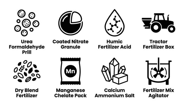 Collection of fertilizer products prills granules agricultural machinery icons in black and white style with fertilizer agriculture agitator formaldehyde manganese ammonium nutrients chemical