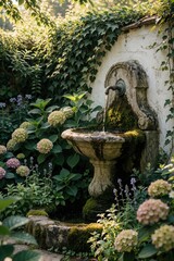 Obraz premium Old stone water fountain flows in English cottage garden. Mossy wall feature with spout pours water into basin. Hydrangeas, green plants surround antique outdoor decor near backyard landscape.