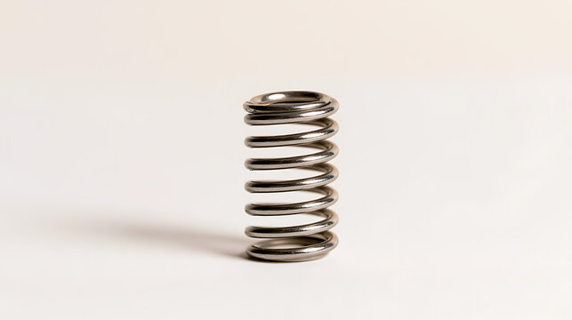 Close-up shot of a single metal coil spring isolated on a clean white background, highlighting industrial design and engineering components