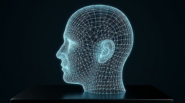 Digital Line Wireframe 3D Rendering of Human Profile Silhouette Head on Dark Surface human figure profile side view 3d model wireframe lines digital dark head face silhouette anatomy dynamic dynamic