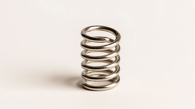 Close-up of a single metallic spring isolated on a clean white background, showcasing industrial texture and precision manufacturing design
