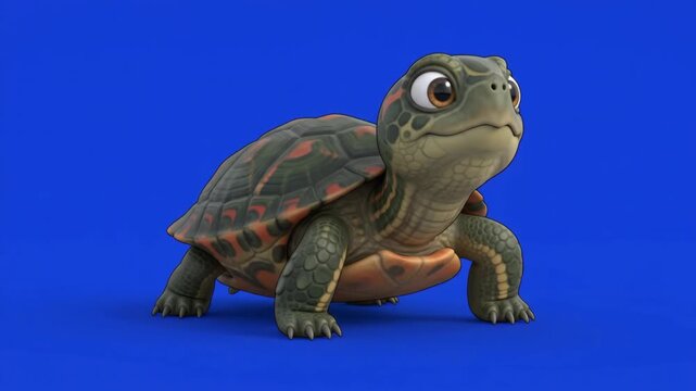 Cute animated baby sea turtle with a green shell and big eyes looking forward on a blue background.