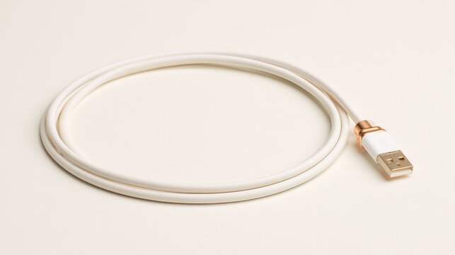 USB charger cord lies flat on cream surface, empty space.