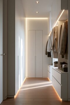 Minimalist modern closet with seamless white cabinetry, hidden handles, soft natural daylight and neatly organized clothing in a refined contemporary interior
