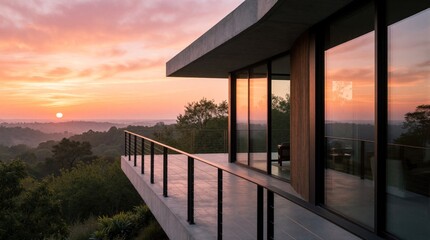 Obraz premium Modern luxury villa with large glass windows, spacious concrete balcony. Sunset sky glows over forest landscape from residential terrace. Minimalist architecture design provides peaceful view of