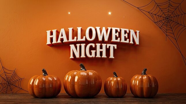 Halloween night festive sign with pumpkins on a dark orange background for seasonal holiday celebration and party