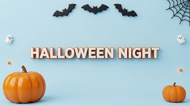 Halloween night text sign with pumpkins bats and spider webs on a light blue background