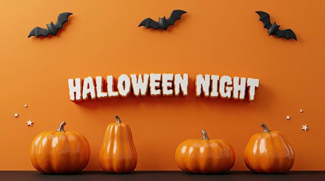 Halloween night text sign with decorative pumpkins and flying bats on a vibrant orange background flat lay