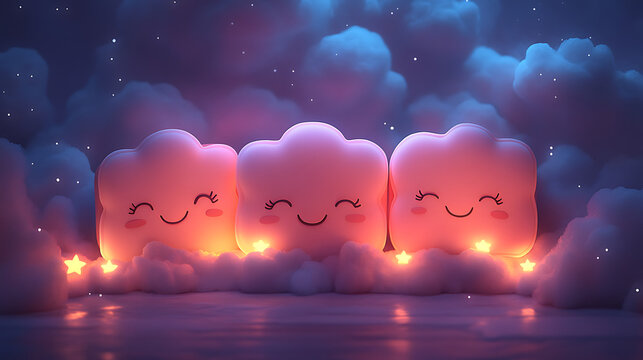 Gentle pastel cartoon depiction of outlet covers with smiling cloud and star designs in soft pink and lavender against a stark white backdrop 