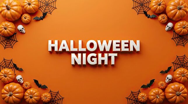 Halloween night text design surrounded by a decorative border of pumpkins and autumn leaves on orange background