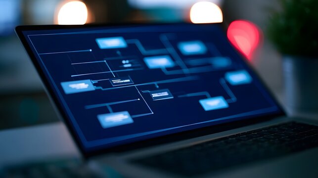 A laptop screen displays a digital workflow diagram with glowing blue nodes and connecting lines against a dark background