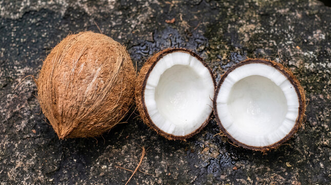 Top-down view of one whole brown coconut and two cracked coconut halves showcasing fresh white meat on a dark, wet stone surface.