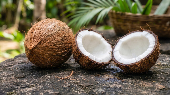 One whole brown coconut and two half coconuts displaying white flesh rest on a rustic stone surface surrounded by lush tropical greenery outdoors.