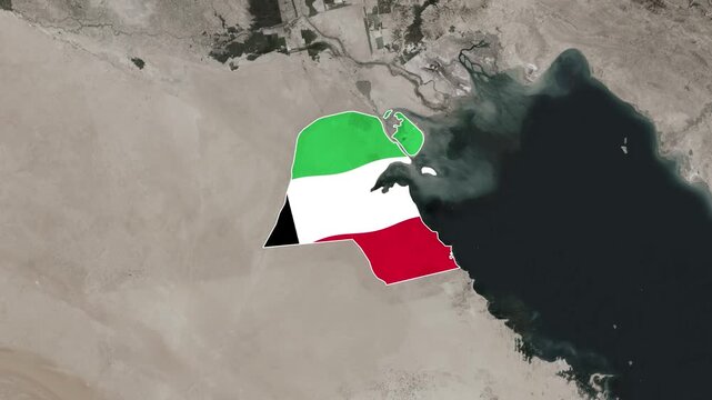Realistic Satellite Kuwait Map Zoom Animation with National Flag