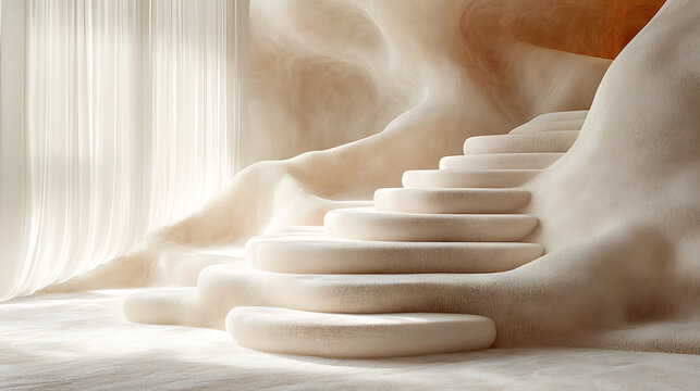 Detailed pastel cartoon illustration of soft, padded stair guards in calming beige and cream against a pure white background 