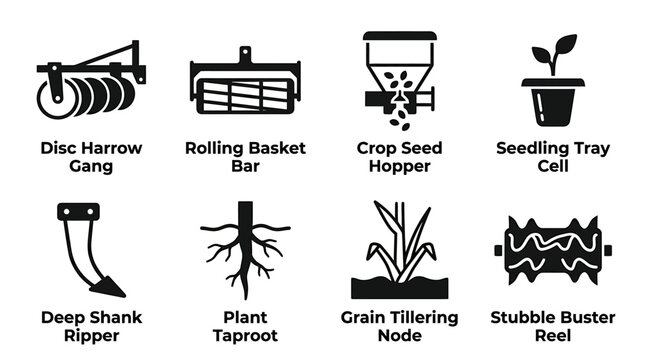 Farming machinery and plant root icon collection including disc harrow gang and deep shank ripper with agriculture equipment machinery seedling tillering industry implement hardware attachment