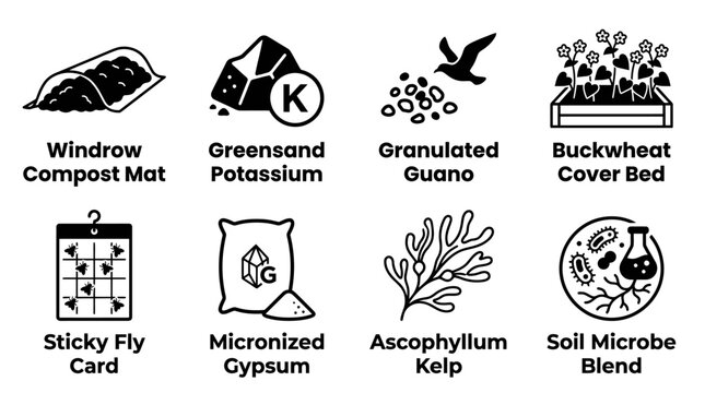 Black and white vector icon set illustrating windrow compost mat greensand potassium buckwheat cover bed agriculture gardening fertilizer collection illustration environment cultivation
