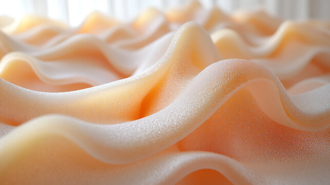 Detailed pastel cartoon depiction of soft padding for high chair edges in calming peach and soft yellow against a stark white backdrop 