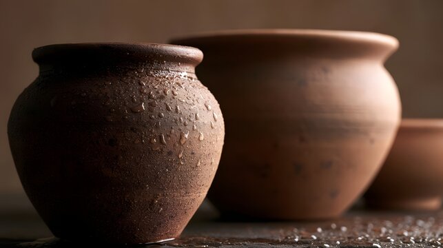 Three terracotta pots with water droplets resting on a dark surface under soft lighting  one in sharp focus