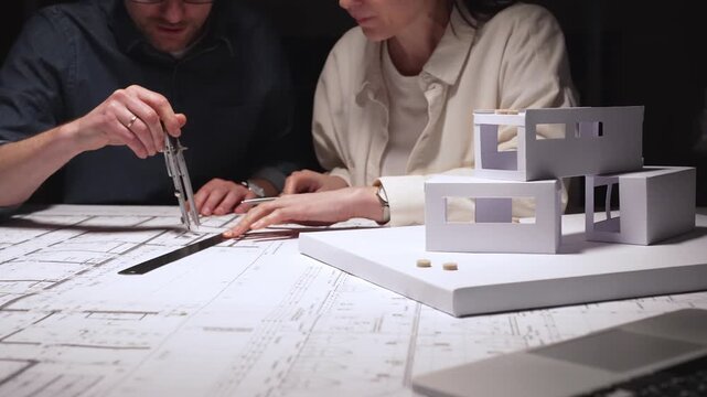 Architects and engineers collaborating on a new building project, planning structural details and design concepts using blueprints and a scaled architectural model on a desktop
