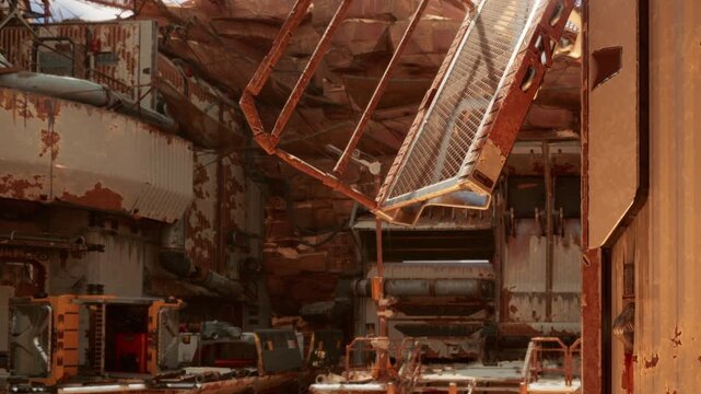 In a deserted industrial location, rusting machinery stands against crumbling walls. Light filters in through gaps in the structure. Debris is scattered across the ground, showing neglect.