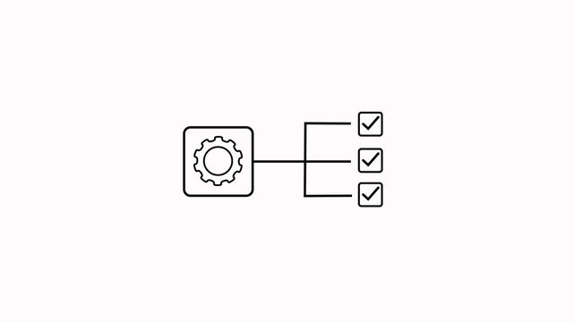 Gear with checklist check boxes and line animation on white background. Outline style gear icon and check mark animation for task automation and work flow concept with alpha channel