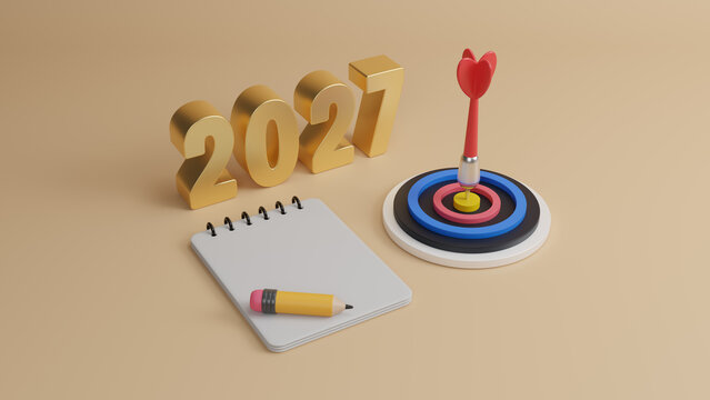 2027 New year goals and plans. Business target and growth strategy. Business annual plan and development for achieving goals and success. business target and stock market growth. 3d rendering