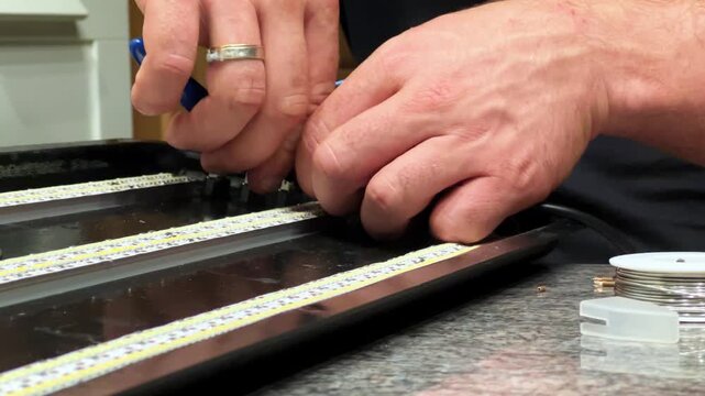 Crafting a unique LED light strip with precision and creativity, using tools and materials in a warm workshop setting filled with inspiration.