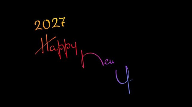 Happy New Year 2027 animated handwriting calligraphic text with write-on effect on black background. Widescreen loopable typography video for winter holiday greetings.