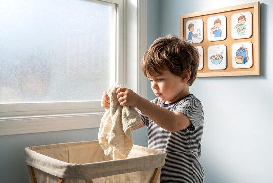 Young Child Sorting Laundry Using Independent Daily Routine Skills