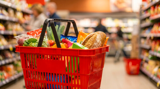 Red shopping basket filled with groceries in supermarket aisle with blurred shoppers